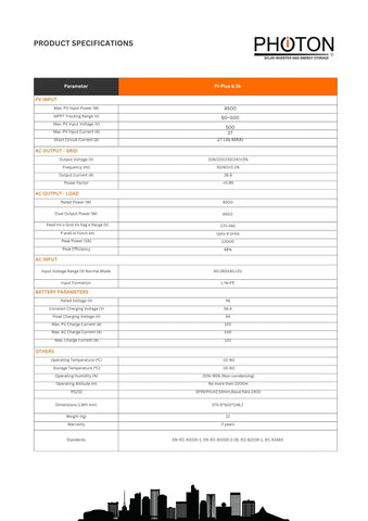 Photon 6.5 KW Single Phase Hybrid Pi Plus Series PV9500