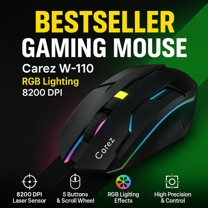 Carez W110 Wired Gaming Mouse | RGB Light | 4 DPI Levels | Ergonomic USB Mouse for Gaming & Office