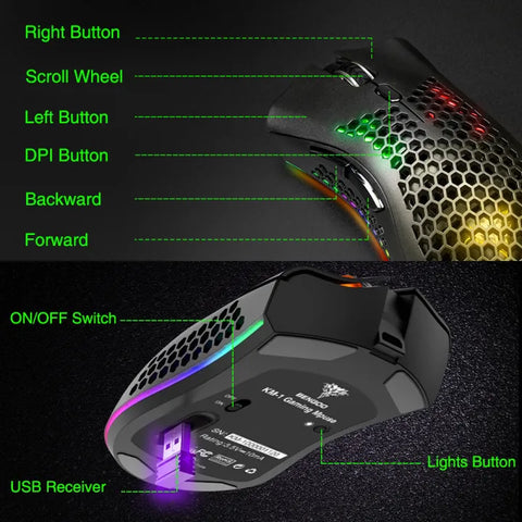 Bengoo KM1 Wireless Honeycomb Gaming Mouse - RGB Lights, 2.4GHz Connection